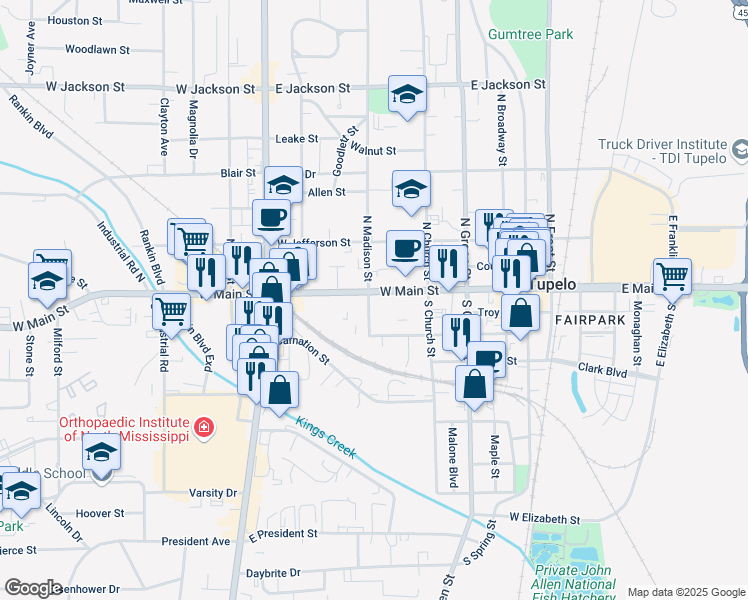 map of restaurants, bars, coffee shops, grocery stores, and more near 553 West Main Street in Tupelo