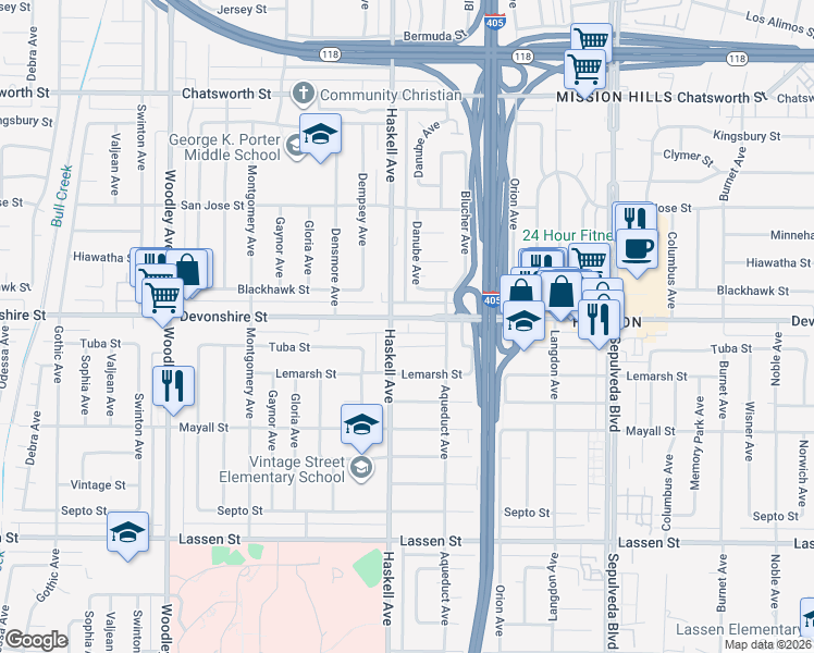 map of restaurants, bars, coffee shops, grocery stores, and more near 15744 Devonshire Street in Los Angeles