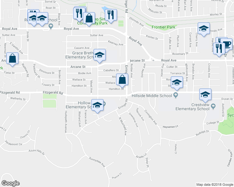 map of restaurants, bars, coffee shops, grocery stores, and more near 1847 Fitzgerald Road in Simi Valley