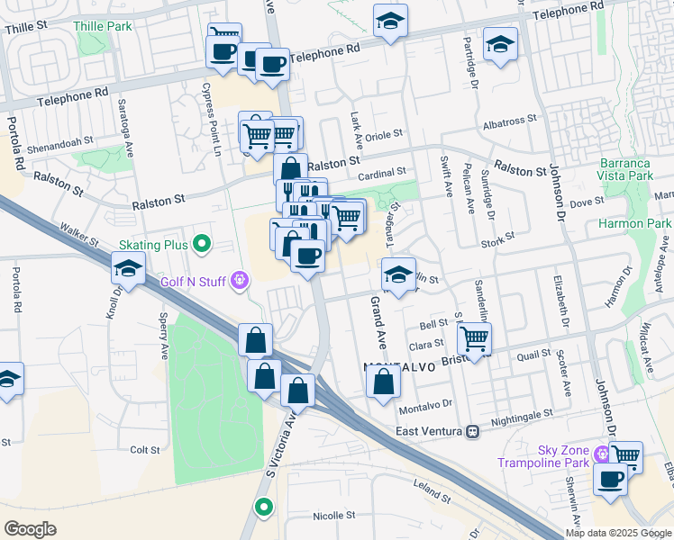 map of restaurants, bars, coffee shops, grocery stores, and more near 5999 8th Street in Ventura