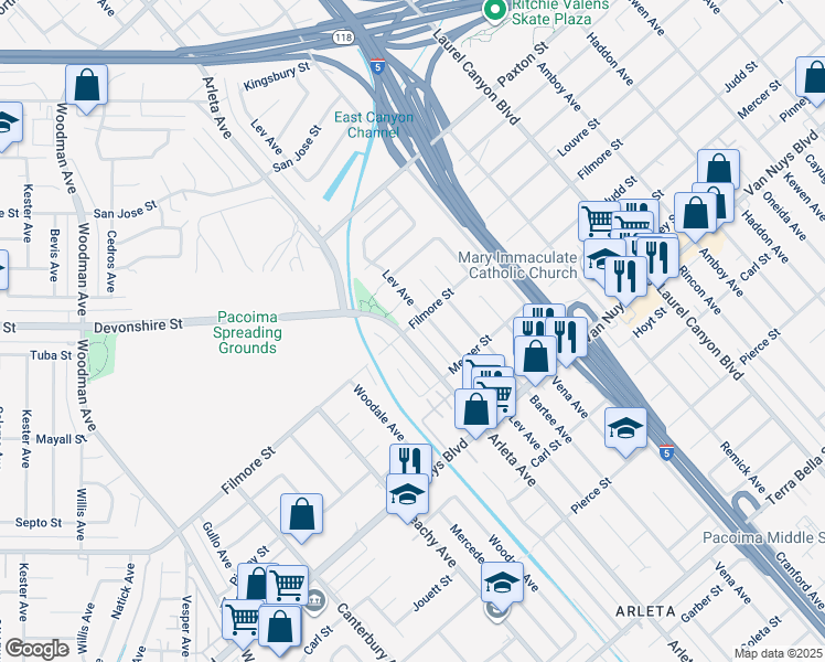 map of restaurants, bars, coffee shops, grocery stores, and more near 10262 Arleta Avenue in Los Angeles