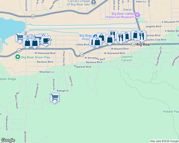 map of restaurants, bars, coffee shops, grocery stores, and more near 404 Tanglewood Drive in Big Bear