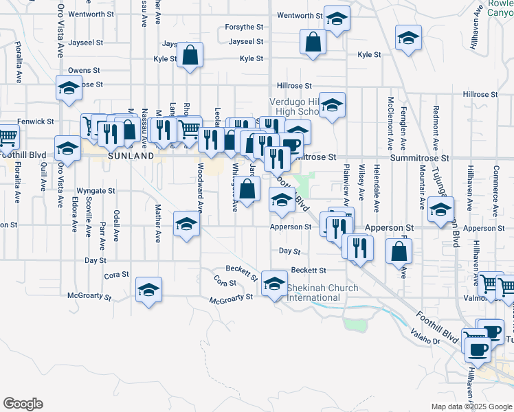 map of restaurants, bars, coffee shops, grocery stores, and more near 10336 Jardine Avenue in Los Angeles