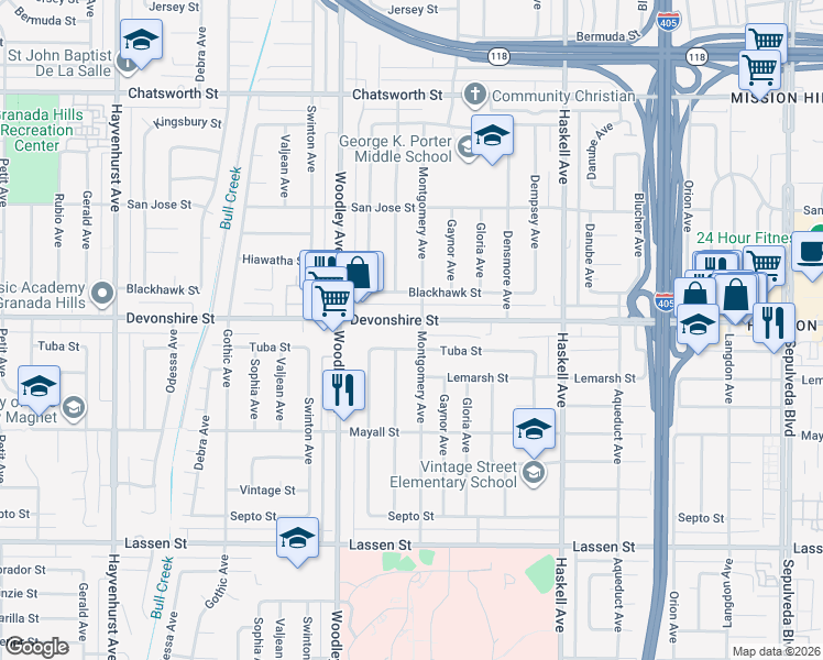 map of restaurants, bars, coffee shops, grocery stores, and more near 16038 Devonshire Street in Los Angeles