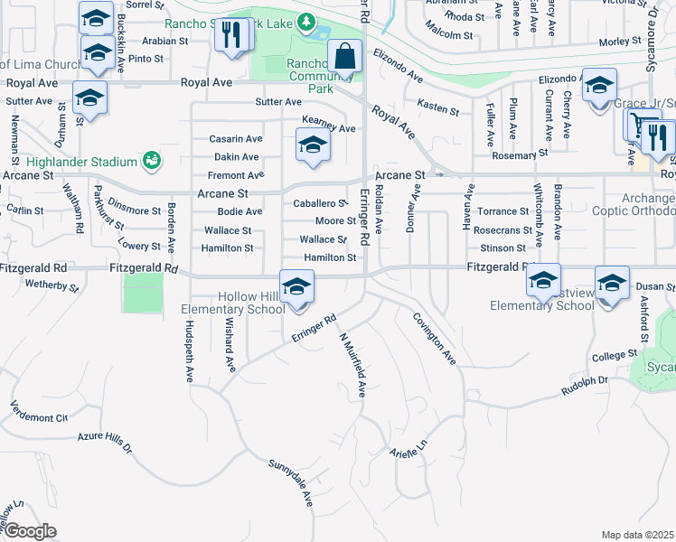 map of restaurants, bars, coffee shops, grocery stores, and more near 1847 Fitzgerald Road in Simi Valley