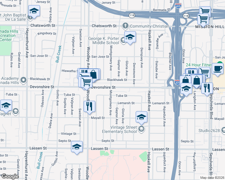 map of restaurants, bars, coffee shops, grocery stores, and more near 16038 Devonshire Street in Los Angeles