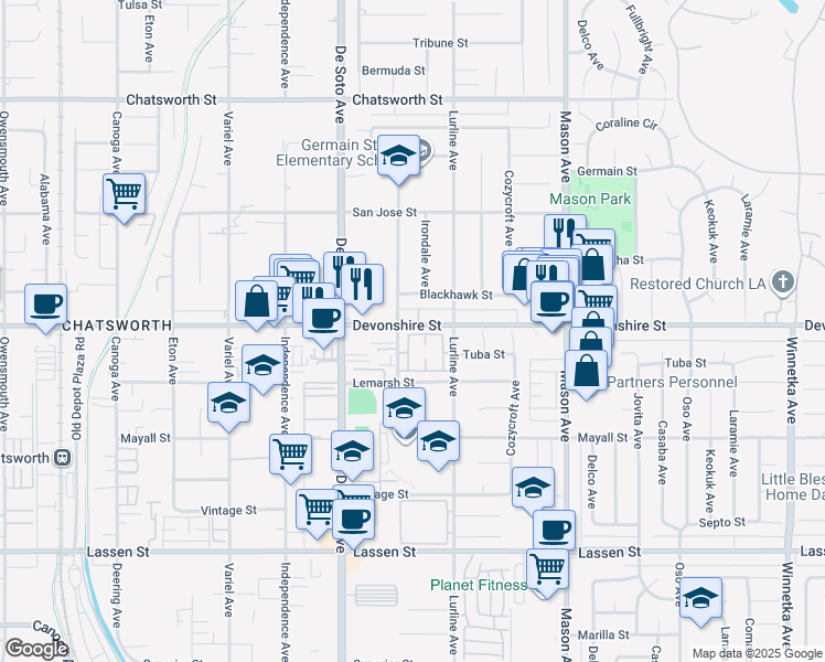 map of restaurants, bars, coffee shops, grocery stores, and more near 20734 Devonshire Street in Los Angeles
