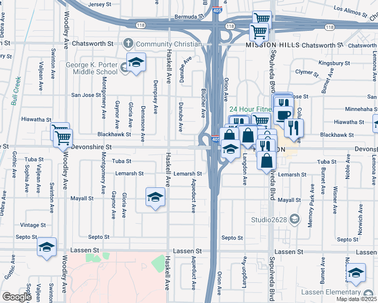 map of restaurants, bars, coffee shops, grocery stores, and more near 15710 Devonshire Street in Los Angeles
