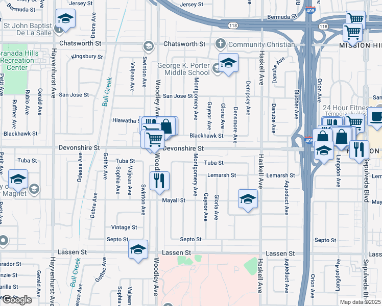 map of restaurants, bars, coffee shops, grocery stores, and more near 16038 Devonshire Street in Los Angeles