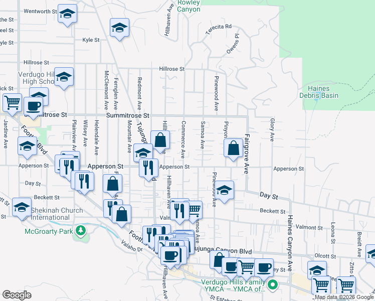 map of restaurants, bars, coffee shops, grocery stores, and more near 10330 Commerce Avenue in Los Angeles