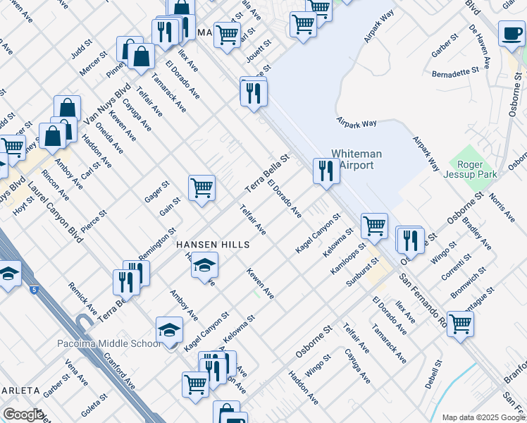map of restaurants, bars, coffee shops, grocery stores, and more near 13082 Garber Street in Los Angeles