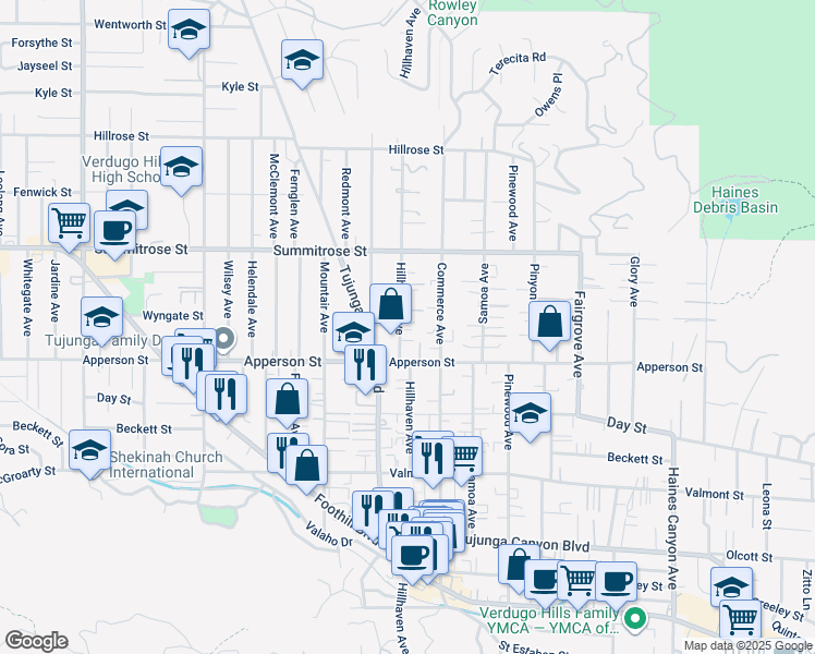 map of restaurants, bars, coffee shops, grocery stores, and more near 10340 Hillhaven Ave in Los Angeles