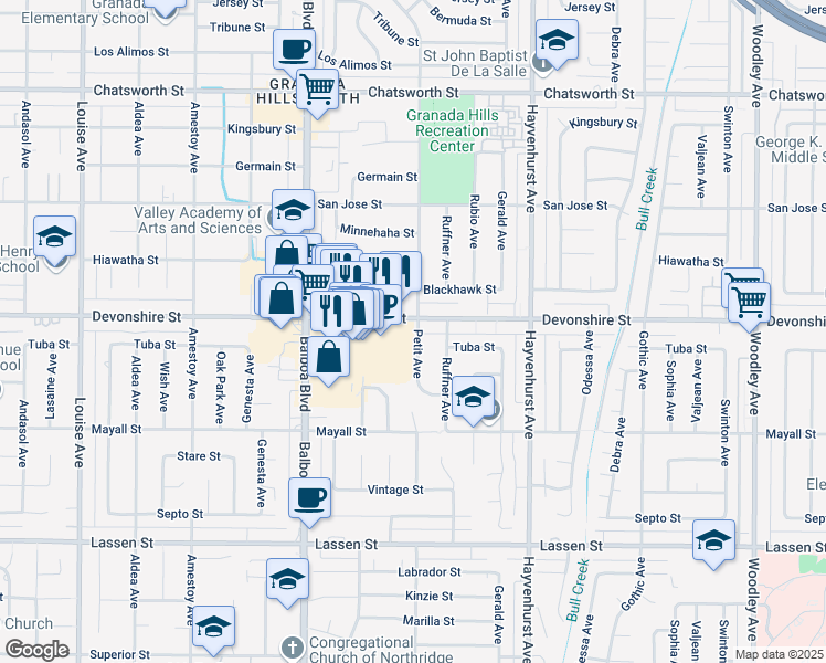 map of restaurants, bars, coffee shops, grocery stores, and more near 16800 Devonshire Street in Los Angeles