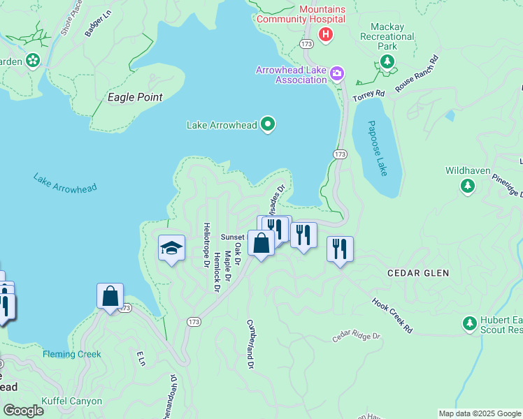 map of restaurants, bars, coffee shops, grocery stores, and more near 28866 Cedar Drive in Lake Arrowhead