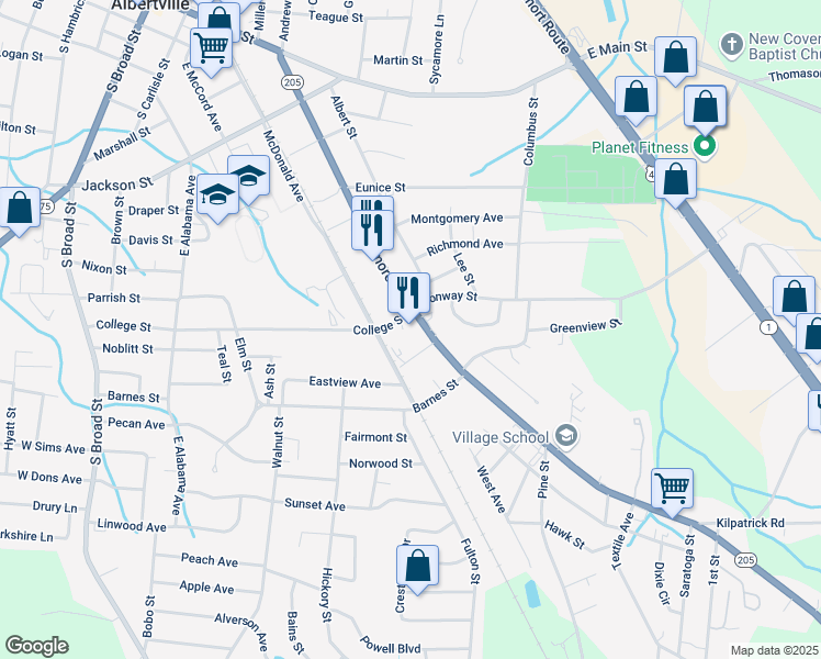 map of restaurants, bars, coffee shops, grocery stores, and more near 605 Baltimore Avenue in Albertville