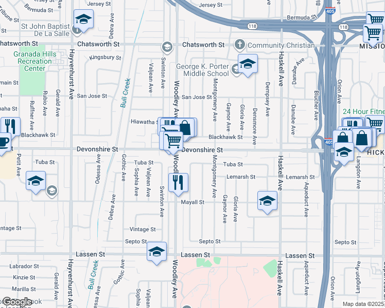 map of restaurants, bars, coffee shops, grocery stores, and more near 16124 Devonshire Street in Los Angeles