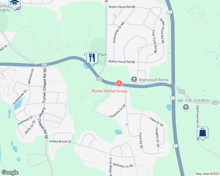 map of restaurants, bars, coffee shops, grocery stores, and more near 100 Sequoia Drive Southeast in Rome