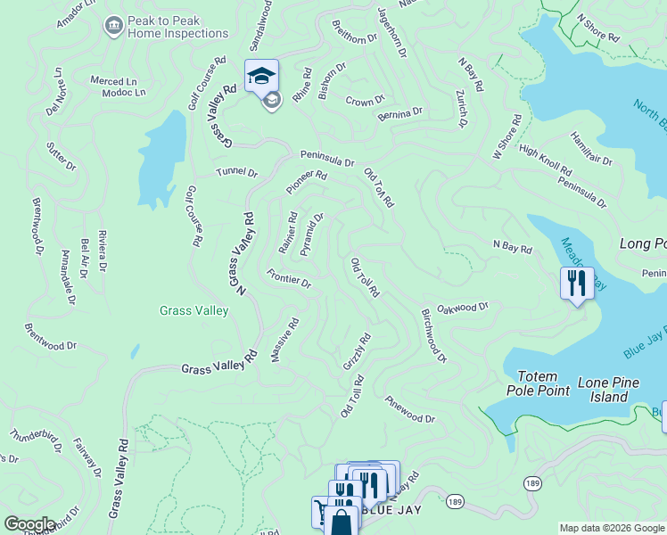 map of restaurants, bars, coffee shops, grocery stores, and more near 390 Old Toll Road in Lake Arrowhead