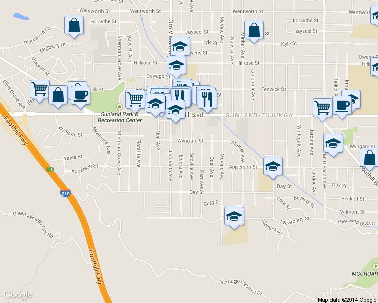 map of restaurants, bars, coffee shops, grocery stores, and more near 10331 Scoville Avenue in Los Angeles