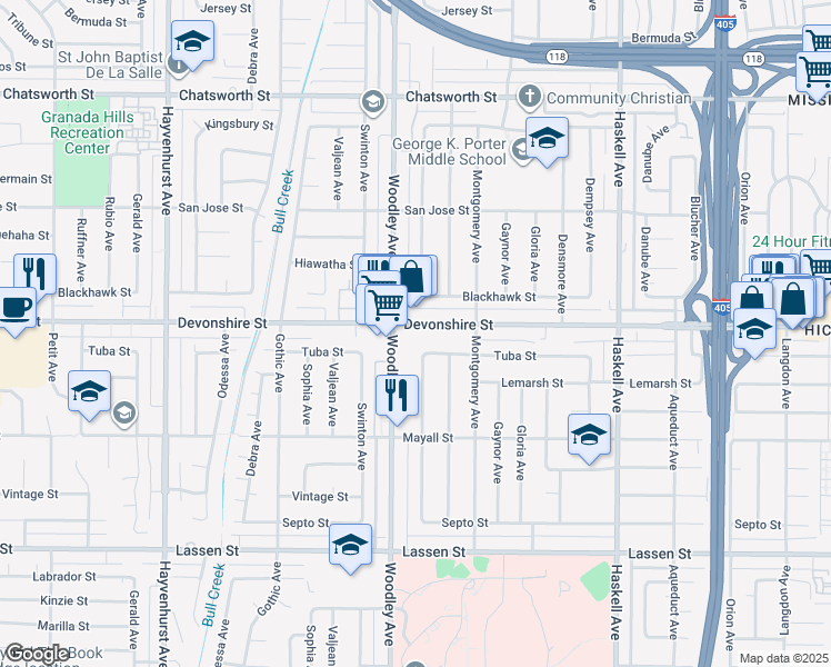 map of restaurants, bars, coffee shops, grocery stores, and more near 16124 Devonshire Street in Los Angeles