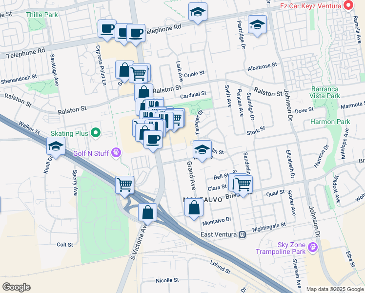 map of restaurants, bars, coffee shops, grocery stores, and more near 6160 Promontory Lane in Ventura