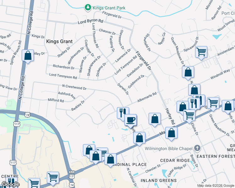 map of restaurants, bars, coffee shops, grocery stores, and more near 445 North Crestwood Drive in Wilmington