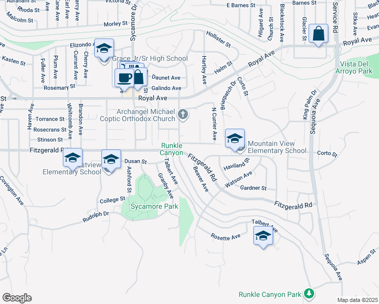 map of restaurants, bars, coffee shops, grocery stores, and more near 2709 Fitzgerald Road in Simi Valley