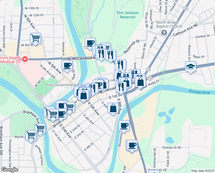 map of restaurants, bars, coffee shops, grocery stores, and more near 701 Broad Street in Rome