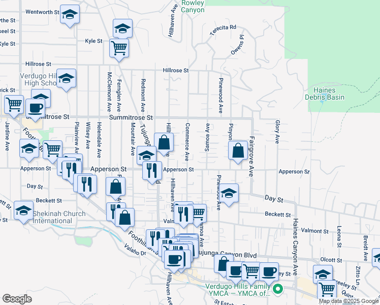 map of restaurants, bars, coffee shops, grocery stores, and more near 10340 Commerce Avenue in Los Angeles