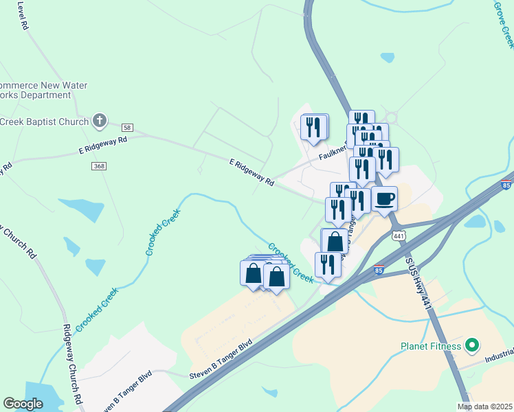 map of restaurants, bars, coffee shops, grocery stores, and more near 347 East Ridgeway Road in Commerce