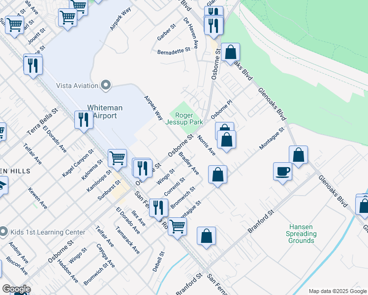map of restaurants, bars, coffee shops, grocery stores, and more near 10261 Angel Lane in Los Angeles