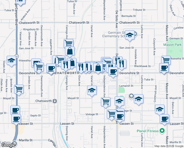 map of restaurants, bars, coffee shops, grocery stores, and more near Variel Avenue in Los Angeles