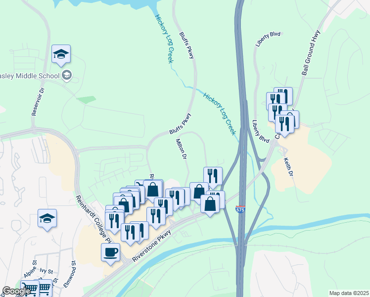 map of restaurants, bars, coffee shops, grocery stores, and more near 445 Milton Drive in Canton