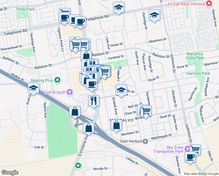 map of restaurants, bars, coffee shops, grocery stores, and more near 6160 Promontory Lane in Ventura