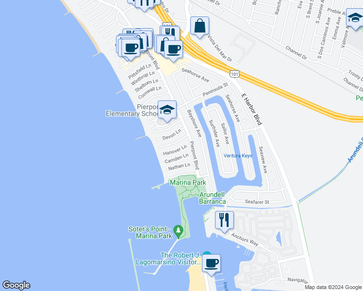 map of restaurants, bars, coffee shops, grocery stores, and more near 1285 Hanover Lane in Ventura