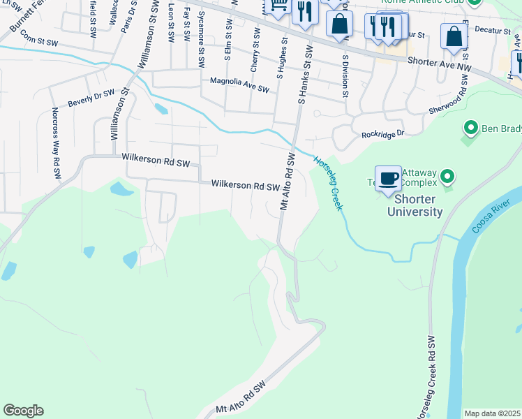 map of restaurants, bars, coffee shops, grocery stores, and more near 9 Foothills Drive Southwest in Rome