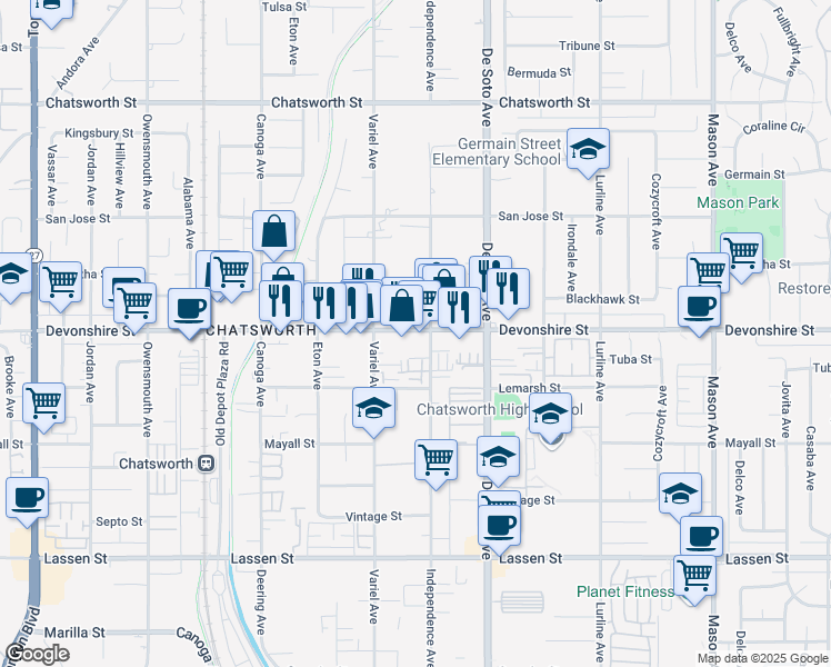 map of restaurants, bars, coffee shops, grocery stores, and more near 21014 Devonshire Street in Los Angeles