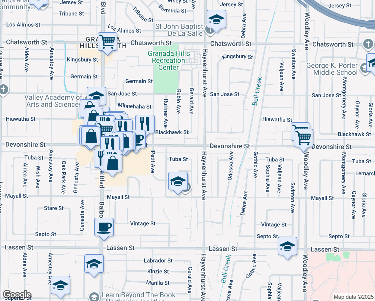 map of restaurants, bars, coffee shops, grocery stores, and more near 16640 Devonshire Street in Los Angeles