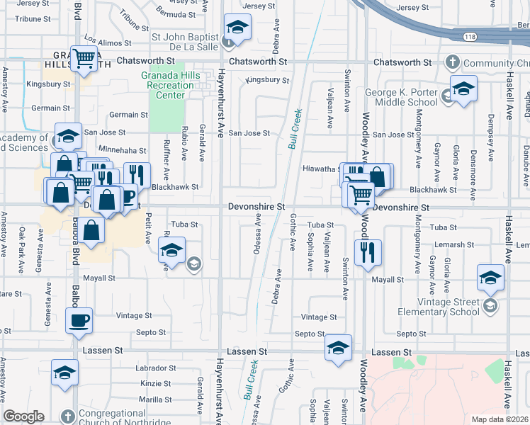 map of restaurants, bars, coffee shops, grocery stores, and more near 16450 Devonshire Street in Los Angeles