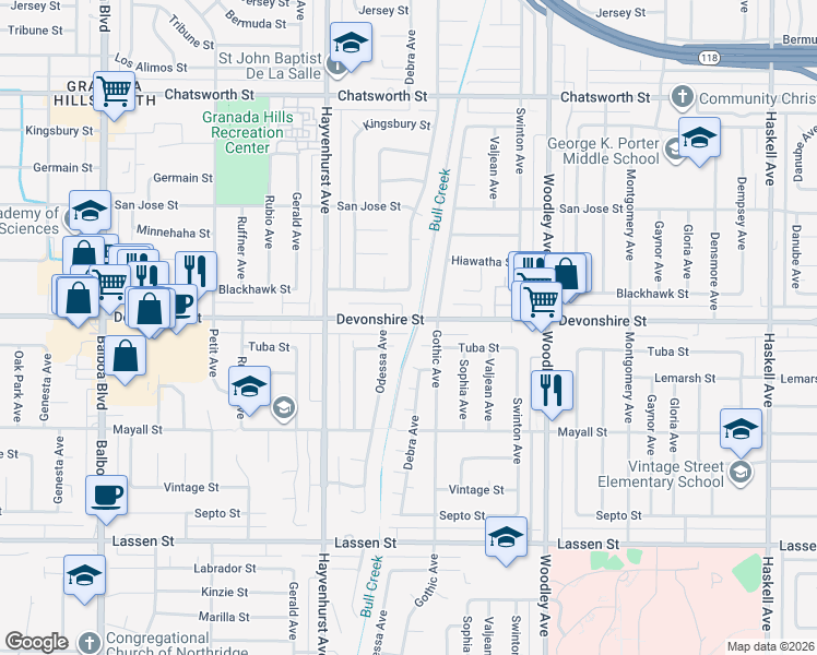 map of restaurants, bars, coffee shops, grocery stores, and more near 16450 Devonshire Street in Los Angeles