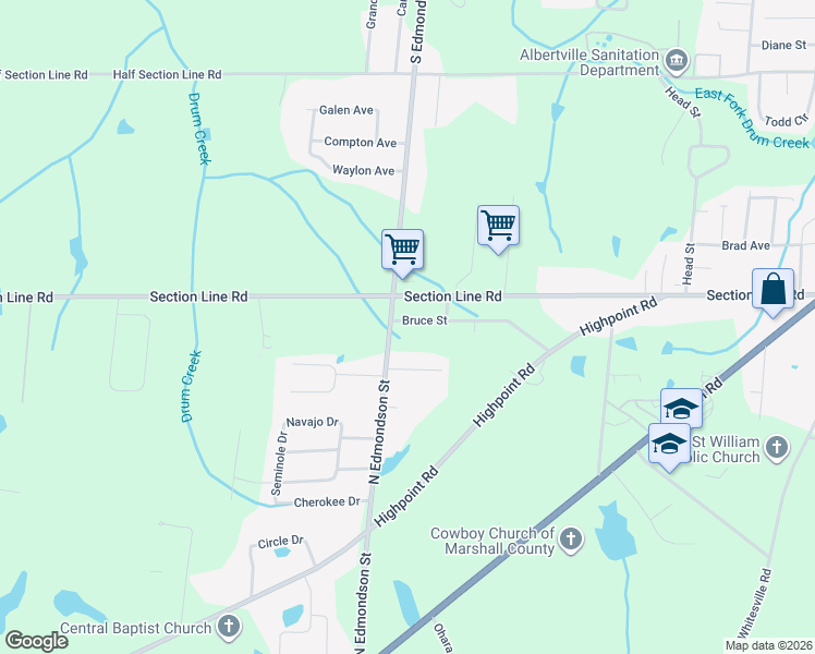 map of restaurants, bars, coffee shops, grocery stores, and more near 1108 Bruce Street in Albertville