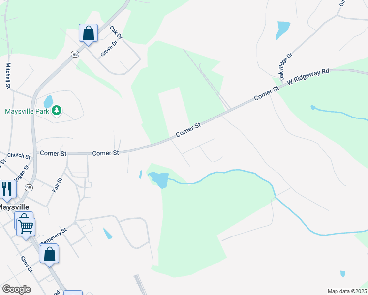 map of restaurants, bars, coffee shops, grocery stores, and more near 132 Ridgeway Drive in Maysville