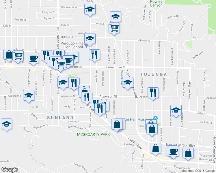 map of restaurants, bars, coffee shops, grocery stores, and more near 10341 McClemont Avenue in Los Angeles