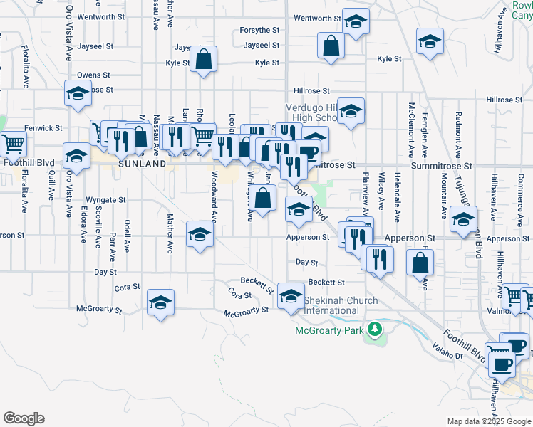 map of restaurants, bars, coffee shops, grocery stores, and more near 10343 Jardine Avenue in Los Angeles