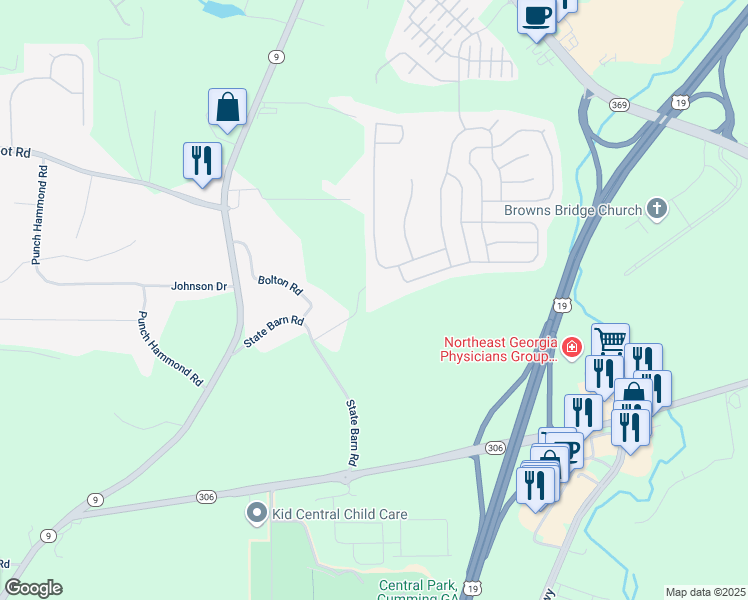 map of restaurants, bars, coffee shops, grocery stores, and more near 2561 State Barn Road in Cumming