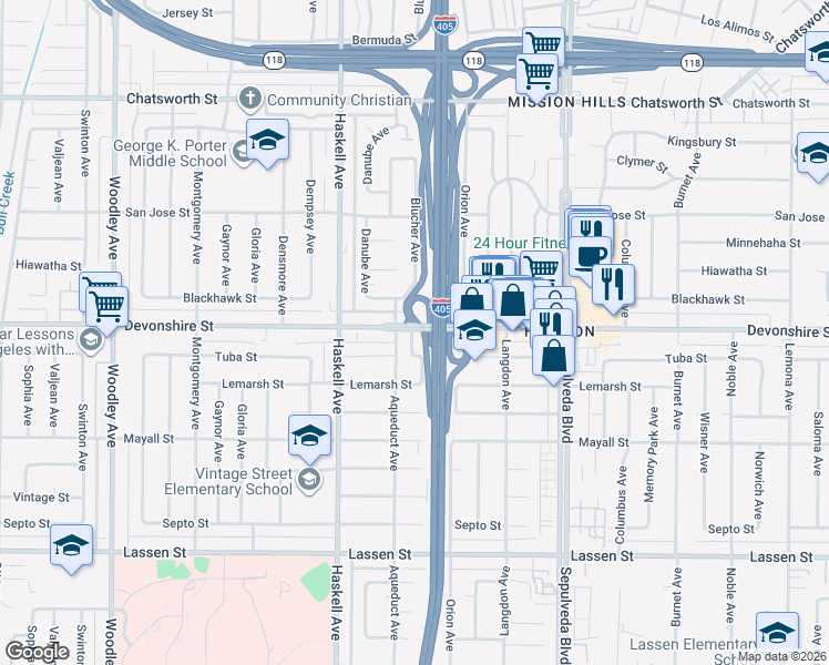 map of restaurants, bars, coffee shops, grocery stores, and more near 15600 Devonshire Street in Los Angeles