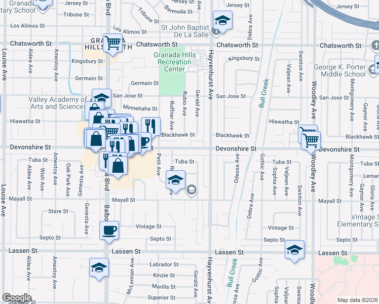 map of restaurants, bars, coffee shops, grocery stores, and more near 16649 Tuba Street in Los Angeles