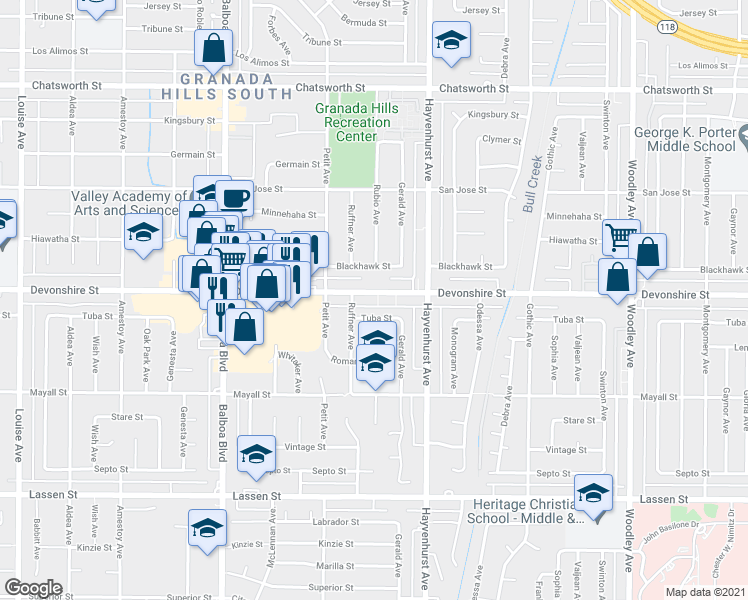 map of restaurants, bars, coffee shops, grocery stores, and more near 16649 Tuba Street in Los Angeles