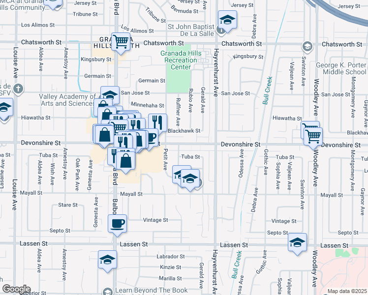 map of restaurants, bars, coffee shops, grocery stores, and more near 10245 Ruffner Avenue in Los Angeles