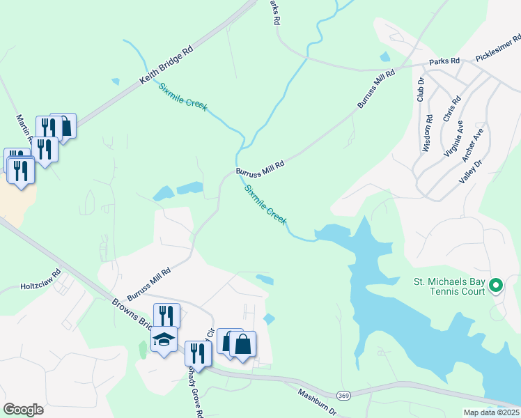 map of restaurants, bars, coffee shops, grocery stores, and more near 5200 Burruss Mill Road in Cumming